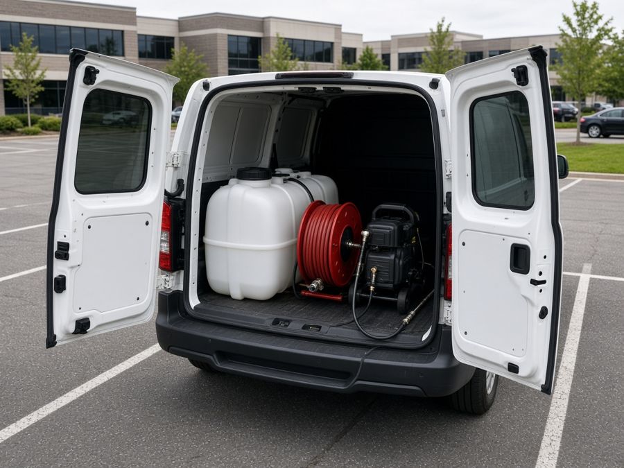 Sample photo: a work van with a water tank and pressure washer in an office parking lot